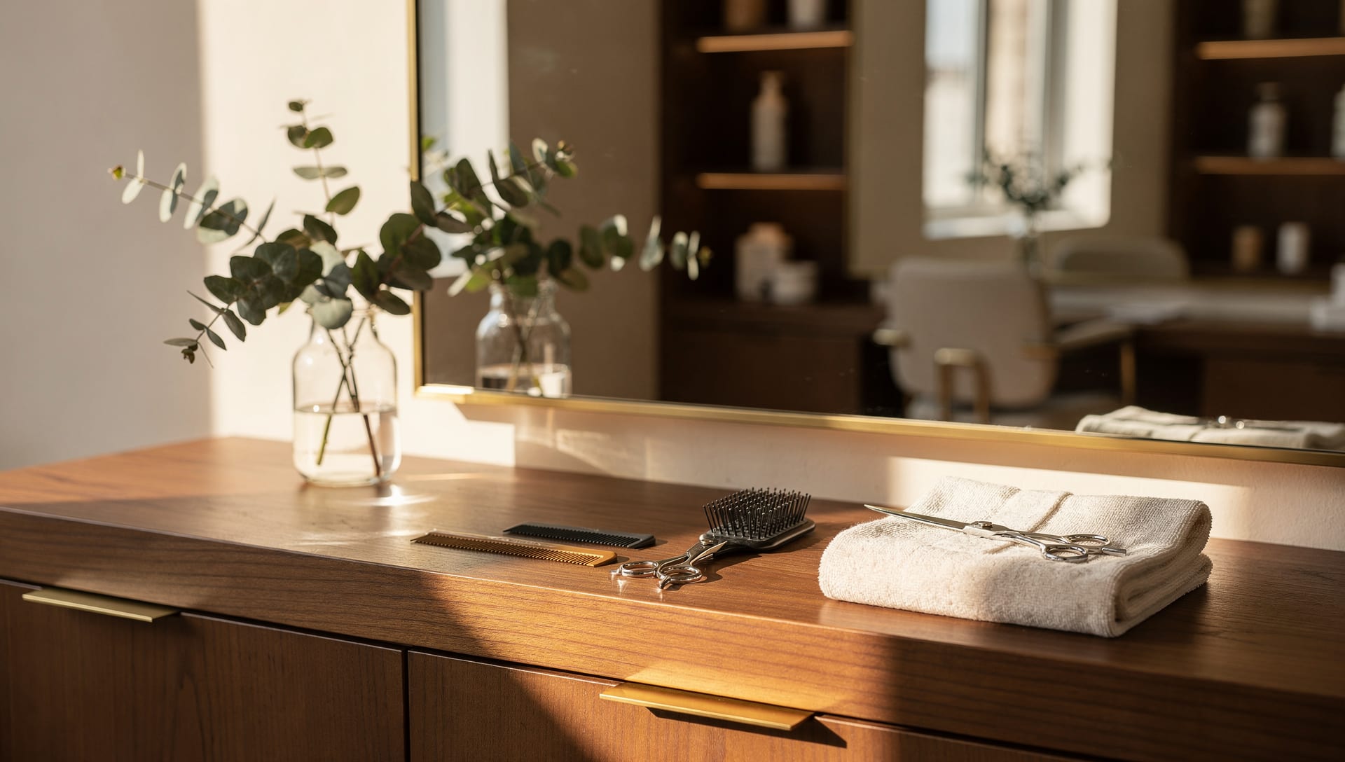 Eucalyptus and styling tools in warm window light at L’Marie