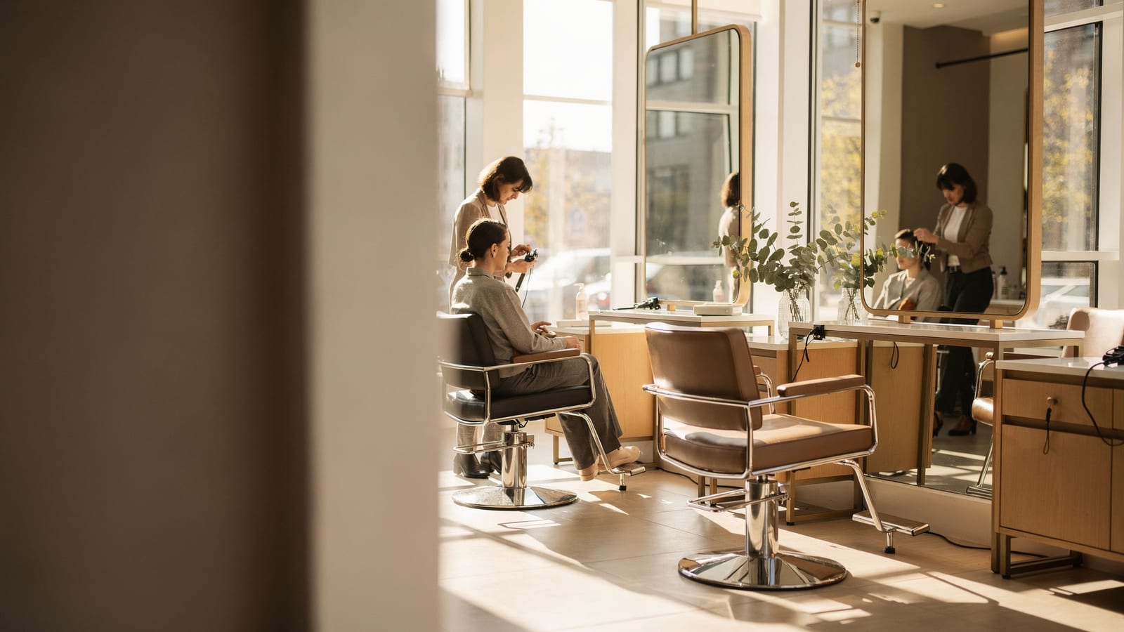 Sunlit styling stations and chairs inside L’Marie Hair Studio